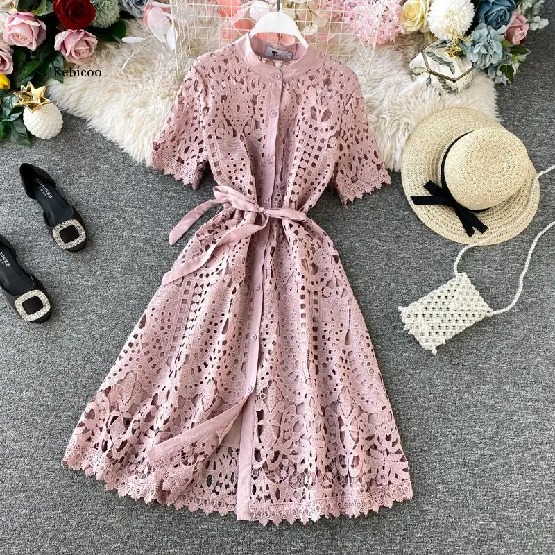 

Women Elegant Hollow Out Lace Dress Office Lady Summer Solid O-Neck Button up Sashes Midi Dress Female Chic Short Sleeve Dress
