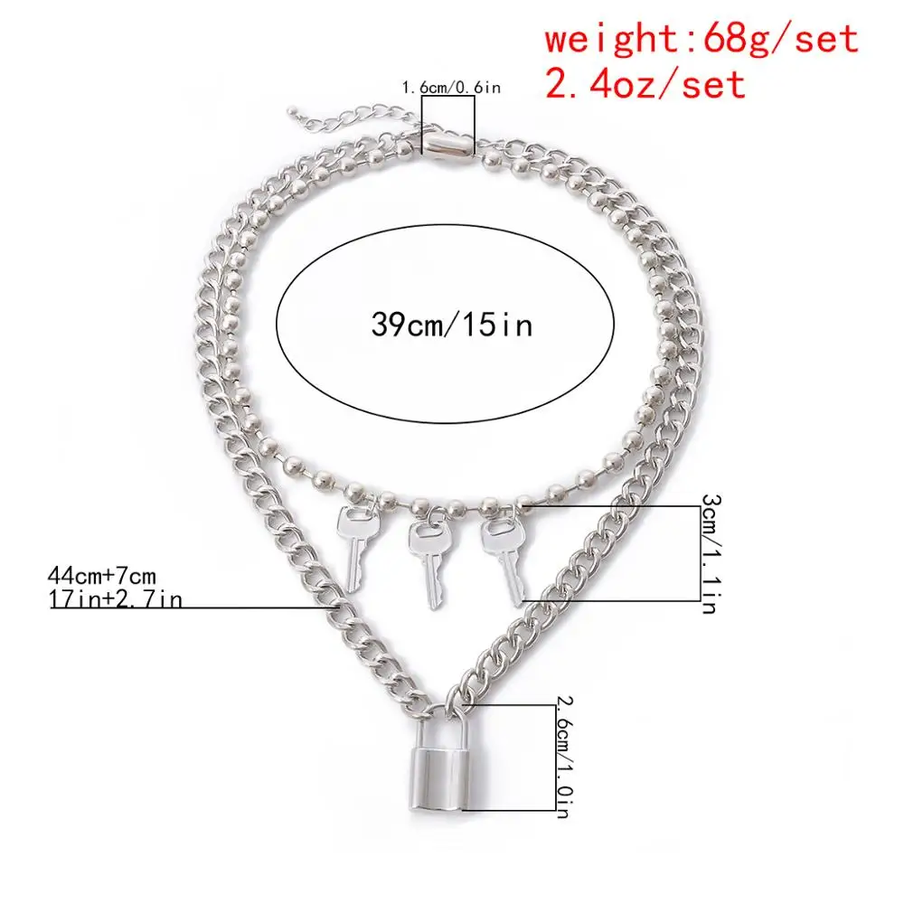 

Lacteo Dark Gothic Lock 3Key Pendant Necklace Street Punk Double Layered Beads Cuban Chain Choker Necklace Jewelry for Women Men