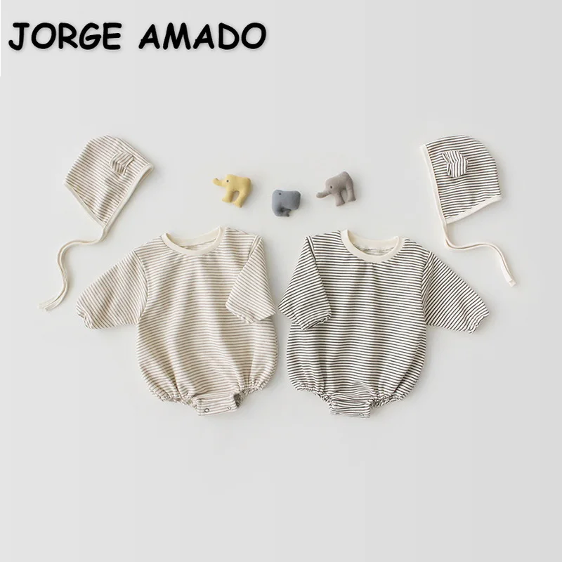 

2021 Korean Style New Autumn Baby Girls Boys Bodysuit Striped Round Collar Long Sleeves Jumpsuit+Cap Children Clothes E9118