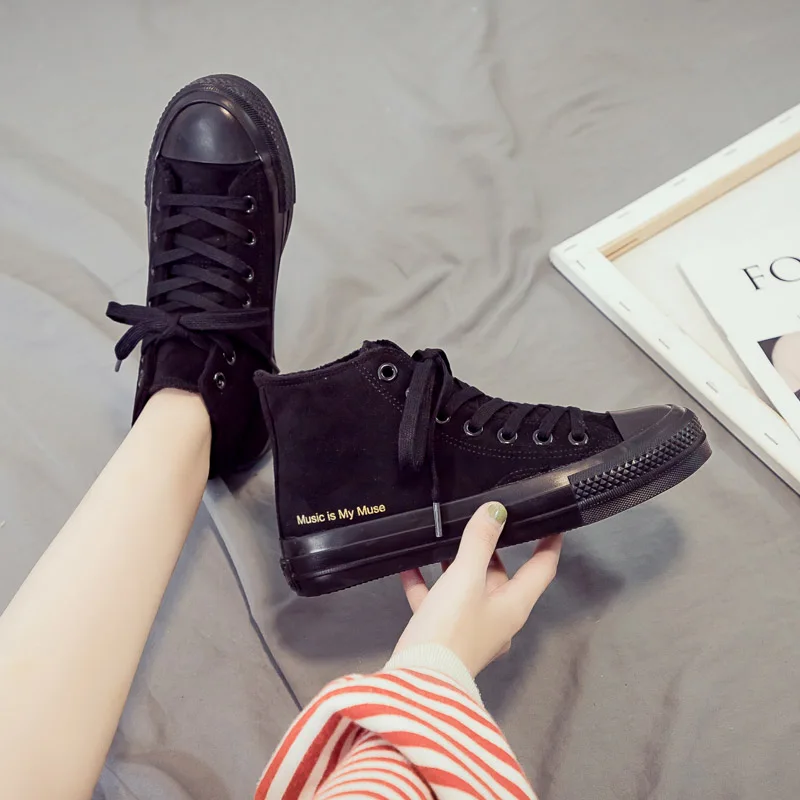 High-top Shoes Women Winter New Non-slip Solid Color Letter Flock Shoes Comfortable Flat Casual Women's Vulcanize Shoes