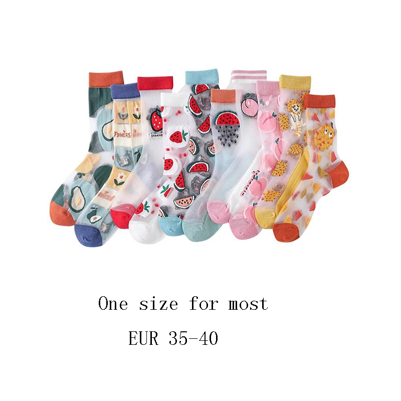 

1Pair Japanese Korea Style Socks Women's Casual Creative Transparent Silk Trend Fruit Print Ultrathin Glass Silk Socks