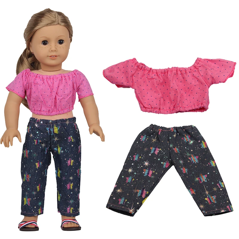 

New Rose Red Lotus Leaf Shoulder T-shirt Short Skirt+Pant Suits Fit 43cm Baby New Born doll,18 Inch Doll Clothes Accessories