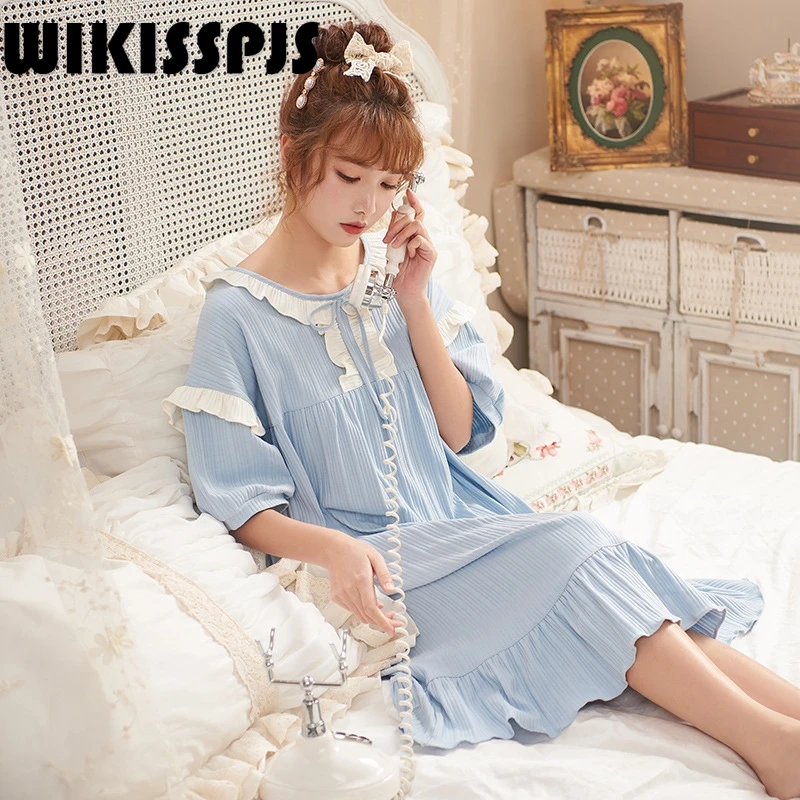 

Женское платье для сна из чистого хлопка, свободное кружевное домашнее платье принцессы, ночная рубашка, лето 2022