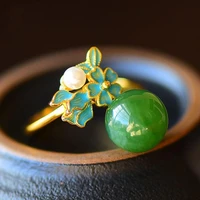 natural hetian jade green jade pearl ring s925 sterling silver ancient gold enamel inlaid exquisite elegant ring ornament