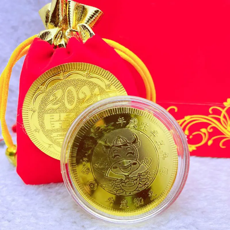 

High 2021 Year of The Ox Zodiac Gold Coin with New Year Red Cloth Bag Commemorative Coin Feng Shui Decorations Supplies LG66