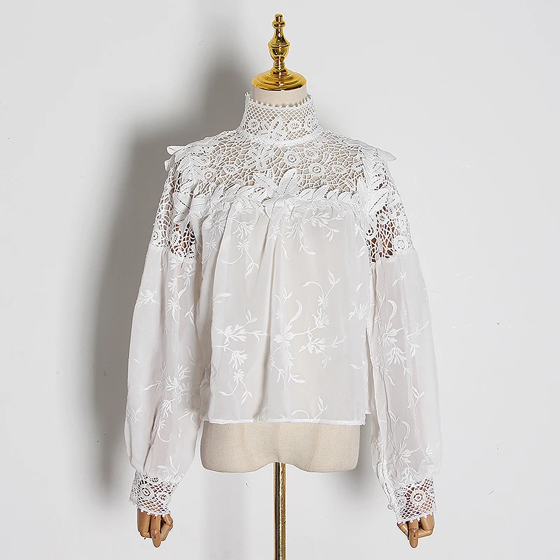 White TWOTWINSTYLE Лоскутные женские рубашки со стоячим воротником и длинным рукавом, модные женские рубашки осень, Новинка - Цвет: White