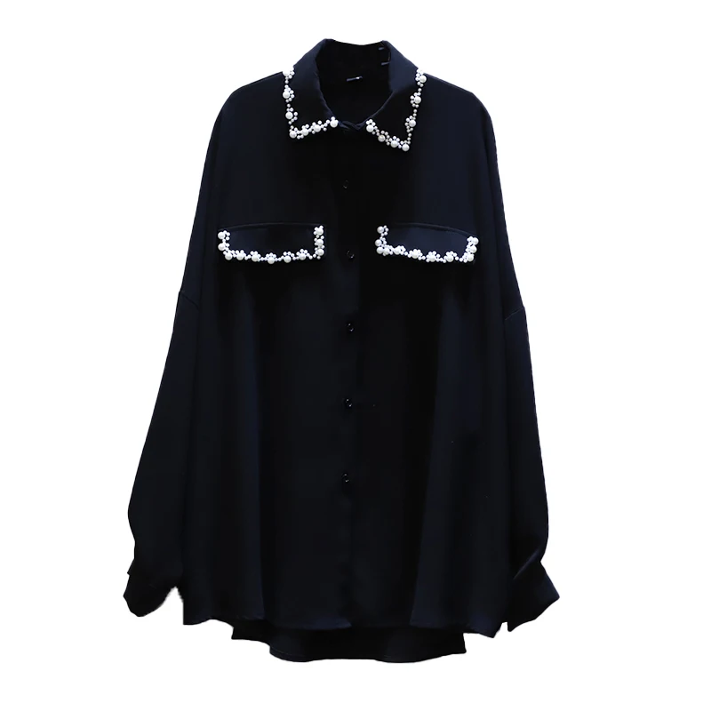 

[EWQ] 2021 Spring Autumn New Fashion Turn-down Collar Splicing Beading Long Sleeve Casual Temperament Women's Shirt 3AC474