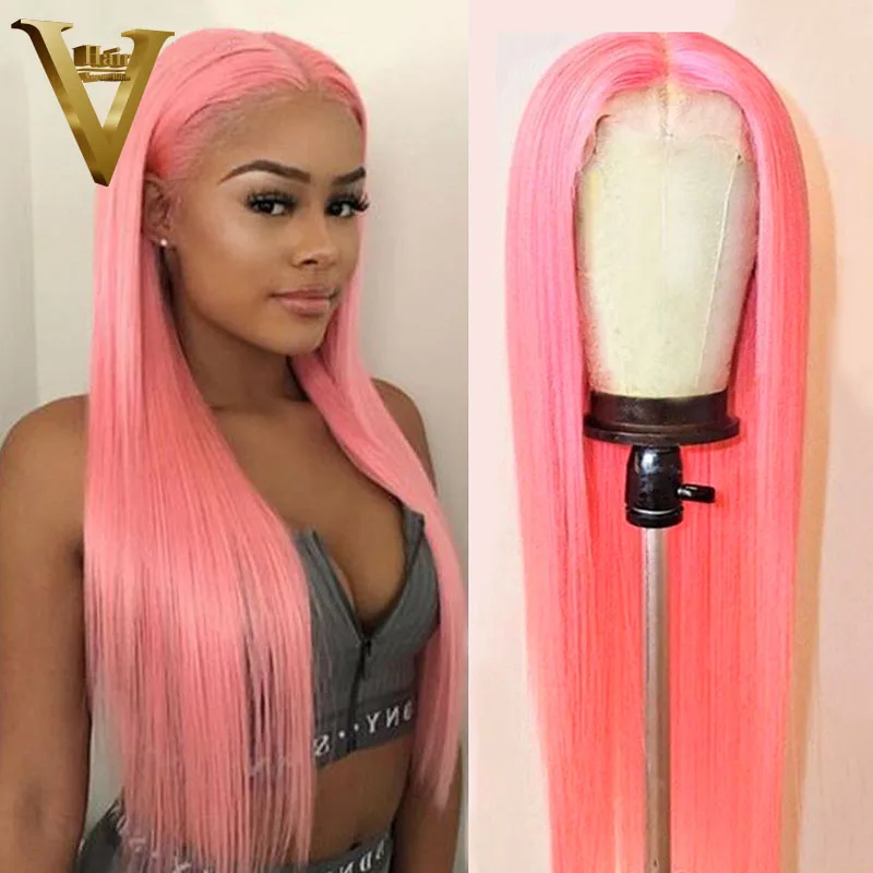 Розовый парик человеческие волосы длинный прямой на сетке спереди бразильские