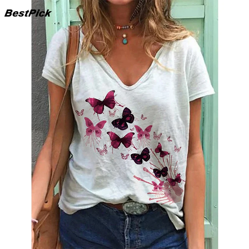 

2021 Women Tshirts Butterfly Print T Shirt Lady Cotton Lycra V Neck Short Sleeve Summer Tops Aesthetic T Shirts Plus Size Tees