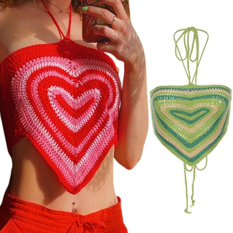 

Women Summer Sexy Halter Crop Top Sweet Heart Crochet Knitted Off Shoulder Camisole Criss Cross Backless Lace-Up Slim Bustier Ve