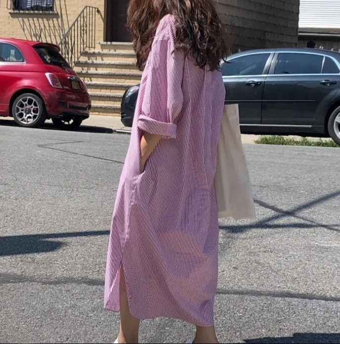 TVVOVVIN2020 New Spring Summer Lapel Stripe Long Shirt Dress Women Korea Loose Plus Size Casual Cotton Blouse Tide PD972 | Женская