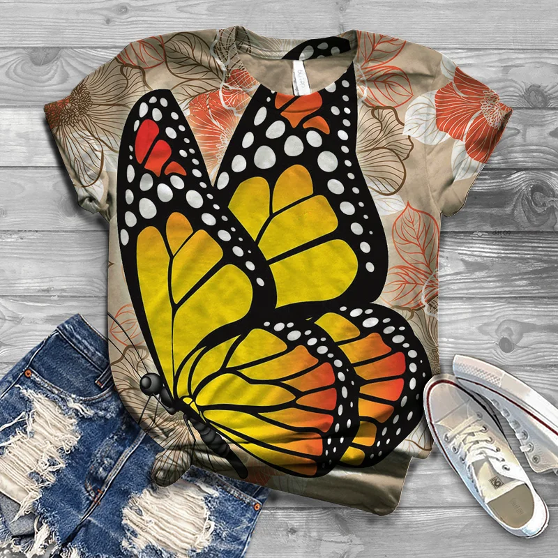 

Ladies Fun Fashion Harajuku Ladies T-shirt Summer Plus Size Short Sleeve Ladies Season Butterfly Cute Fashion 90s Print Ladies