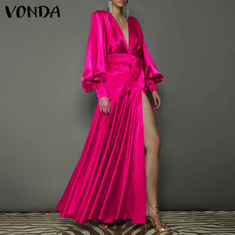 

Elegant Belted Dress 2022 VONDA Spring Women Long Sleeve High Slit Party Long Maxi Dress Deep V Neck Party Vestidos Robe Femme