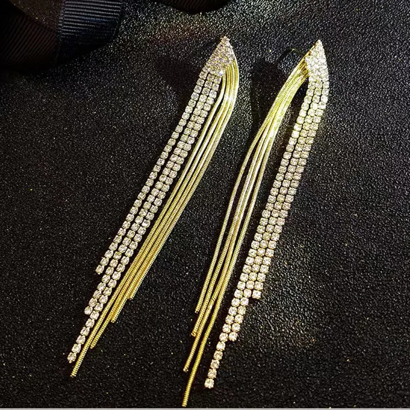 

Minar Luxury Sparkly Rhinestone Long Tassel Earring Gold Color Metallic Long Chain Geometric Drop Dangle Earrings for Women Gift