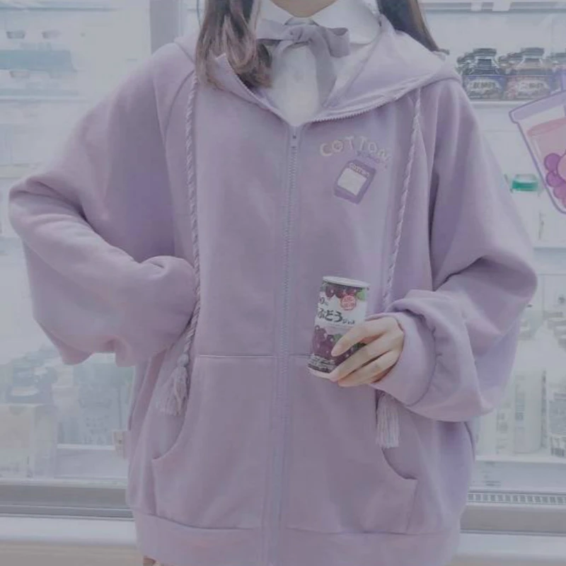 

Harajuku Sweet Style Cute Hoodies and Sweatshirt Schoolgirl Winter Loose Thin Cartoon Zip Up Hoodies Hoodie Woman Streetwear