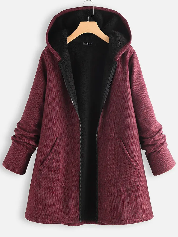 

Women's autumn and winter new solid color pocket hooded warm coat Long sleeve cotton padded coat