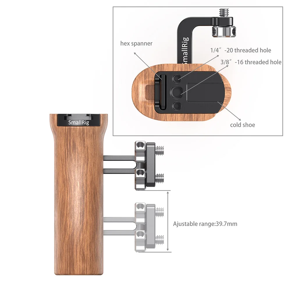 SmallRig DSLR Handgrip For Universal Camera Cage Wooden Side Handle Featuring Two 1/4&quot Thread Holes With 18mm Distance -2093 |