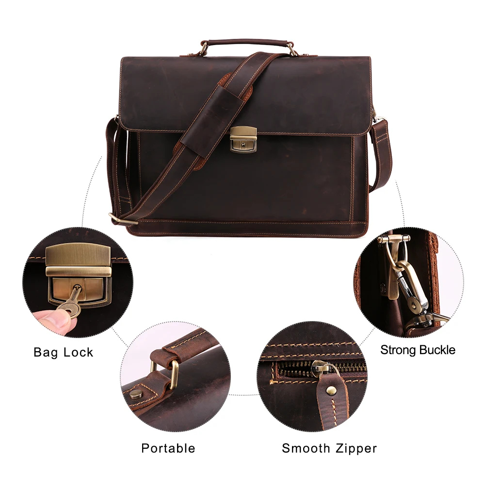 Men Crazy Horse Genuine Leather Men's Briefcase Vintage Messenger Shoulder crossbody Bag Men's Business Laptop Handbag For Male