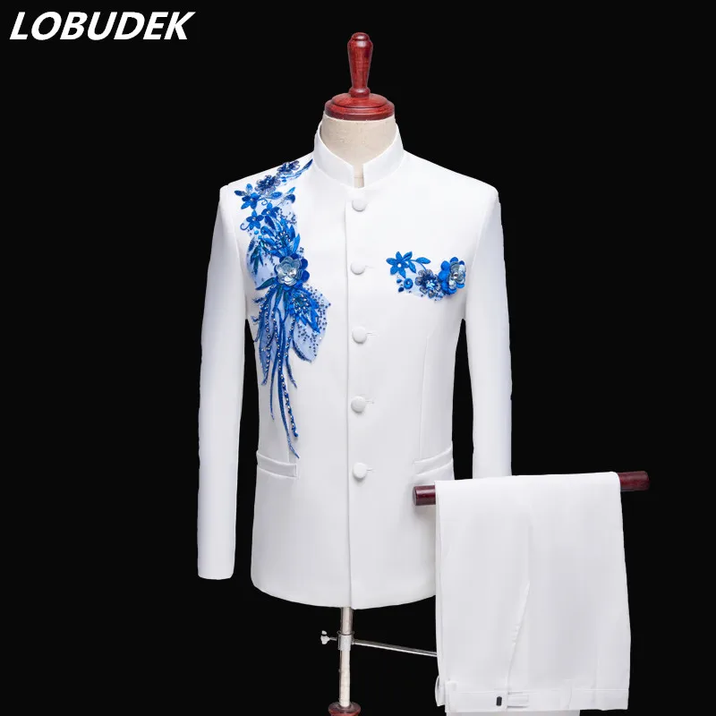 

Fashion Slim Blazers Men Applique Embroidery Tuxedo Suits Singer Host Suit Chorus Groom Chinese Tunic Suit Stand Collar White