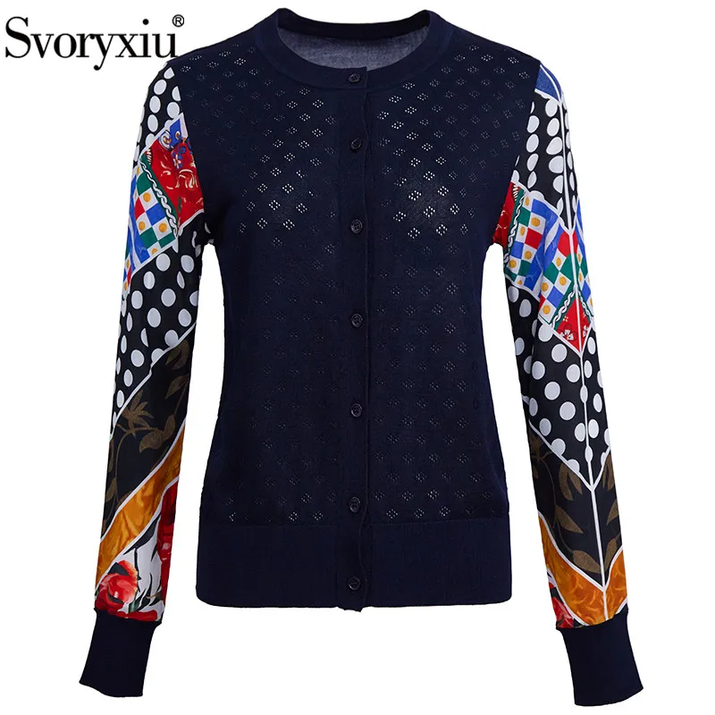 

Svoryxiu Fashion Runway Autumn Thin Knitting Jackets Women's High-End Silk Flower Print Patchwork Long Sleeve Cardigan Sweater