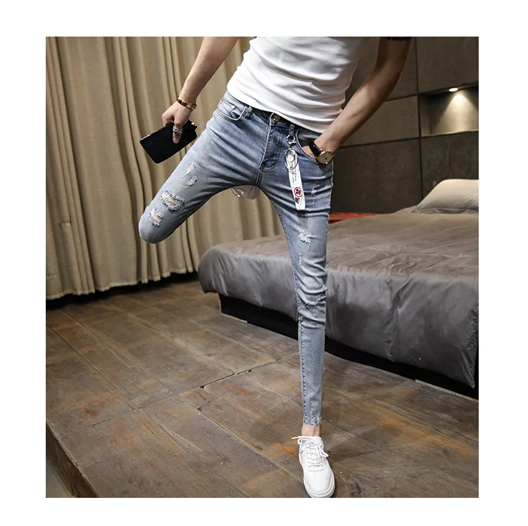 NEW spring autumn skinny strech Casual ripped hole fashion black teenagers hip hop cowboy denim leg jeans men pencil pants