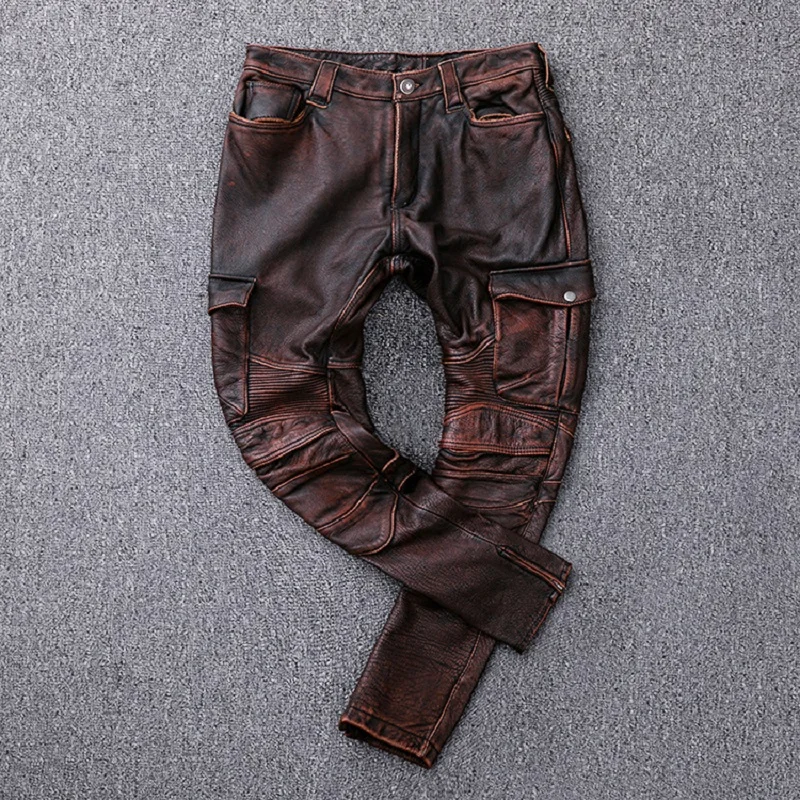 

Pop Top Layer Leather Vintage Motorcycle Pants Retro Men's Straight Leather Pants Cow Skin