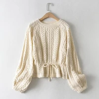 women 2021 fashion elegant beige twist knitted sweater jumper o neck female tunic pullovers drawstring chic tops clothes