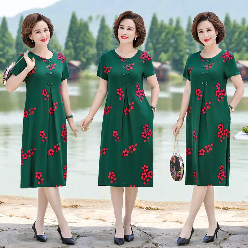 

2021 spring and summer new printed round neck short-sleeved dress new ladies casual fashion loose
