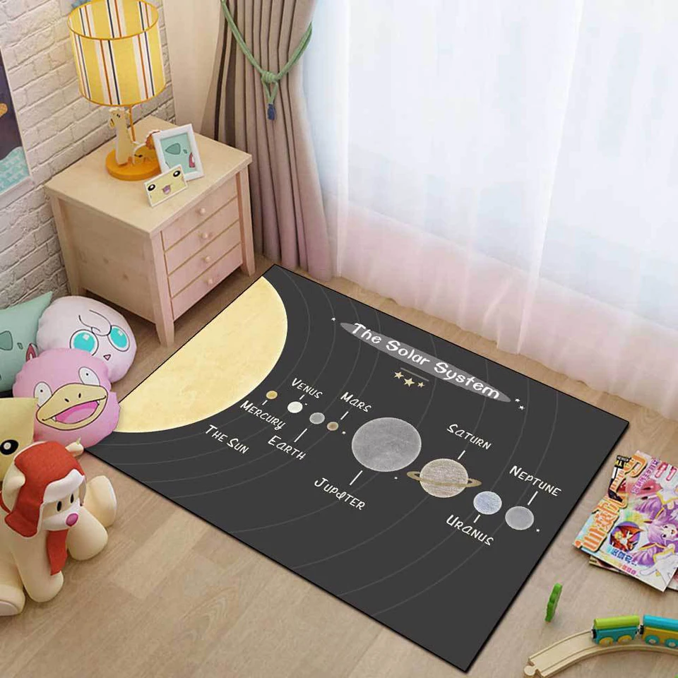

Carpet Kids Room Fashion Cartoon Solar Galaxy System Area Rug For Bedroom Black White Gold Universe Planet Soft Mat For Children