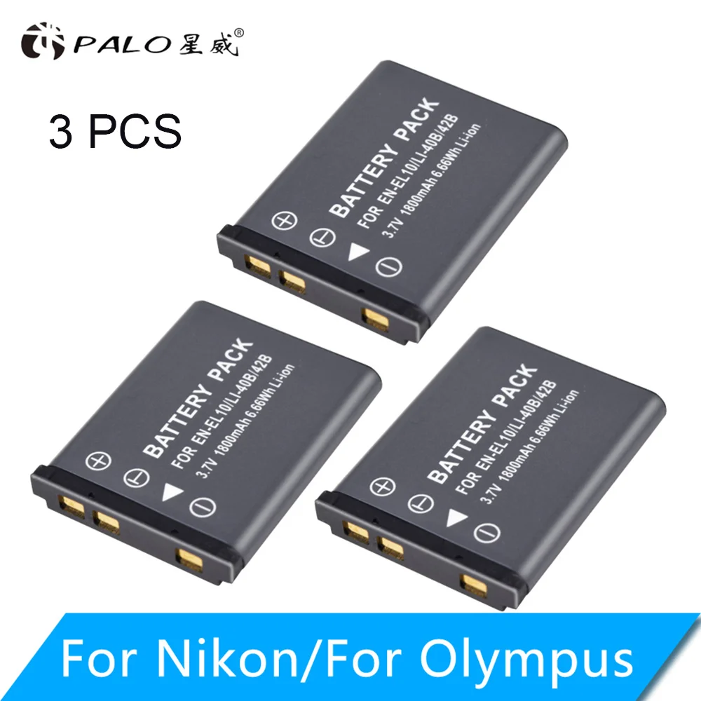 PALO 3,7 V 1800mAh Li-40B Li40B Li 40B Li-42B EN-EL10 EN EL10 ENEL10 Аккумуляторы для цифровой камеры Olympus Nikon Fujifilm Kodak - Цвет: 3PCS