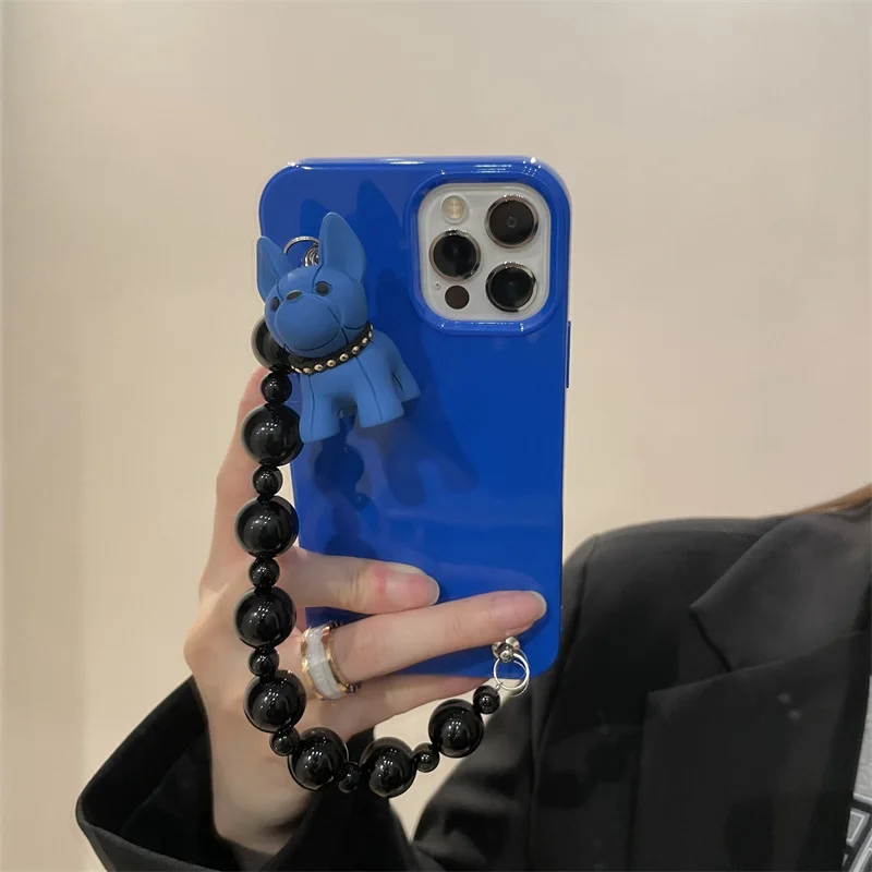 

Brand Cute 3D Bulldog Bead Bracelet Chain Glossy Soft Phone Case For IPhone 7 8 Puls X XR XS 11 12 Pro Max Protection Back Cover