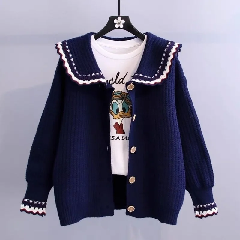 

Doll collar sweater cardigan jacket women's fall/winter 2021 sweater loose knit cardigan.