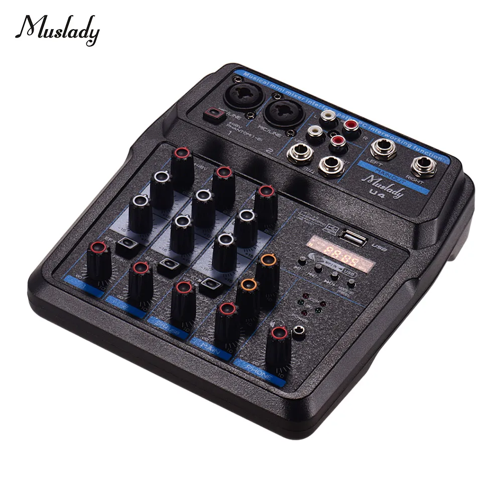 

Muslady U4 Portable 4 Channels Audio Mixer BT USB Mixing Console with Sound Card Built-in 48V Phantom Power EU Plug