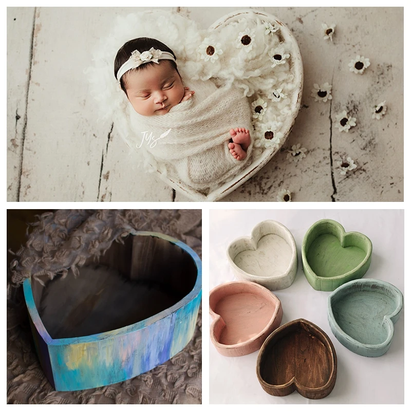 New newborn photography props heart shaped tub love shape colorful solid wood container full moon baby photo