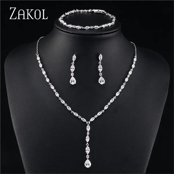 Sliver Color ZAKOL блестящие серьги с кристаллами циркония, ожерелье, браслеты, 3 шт. набор украшений для женщин, аксессуары к свадебному платью FSSP412 - Окраска металла: Sliver Color