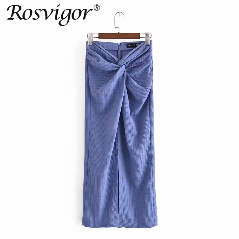 

High Waist Print Ruched Summer Skirt Women Textured Knot Vintage Midi Blue Skirts Woman Chic Back Zip Slit Elegant Skirt