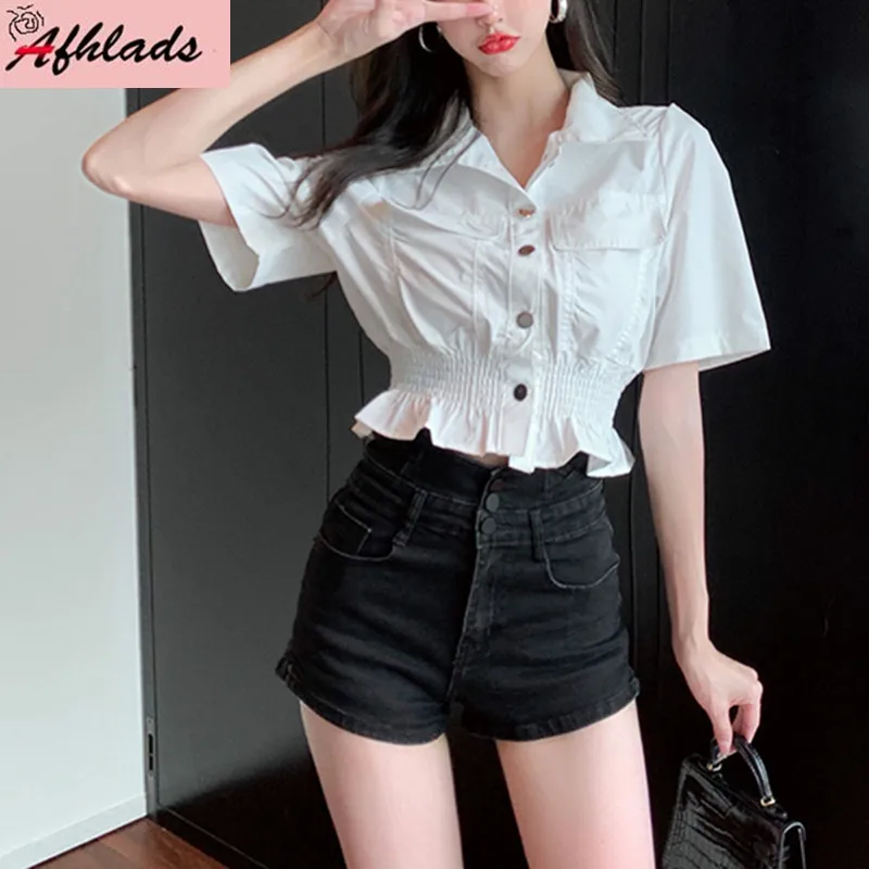 

SSummer New Loose Casual Solid Color Denim Shirt Women's Short Sleeved Turn-Down Collar Single-Breasted Streetwear Blouse