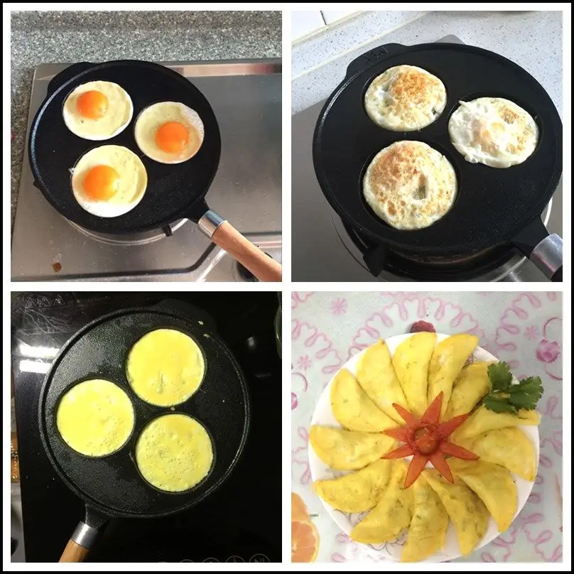 Чугунная сковорода с тремя отверстиями жареное яйцо без покрытия антипригарная