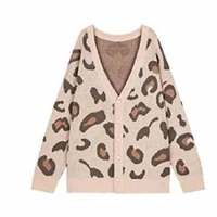 2020 autumn winter knitted leopard sweaters women korean thick panelled leopard cardigan coat loose striped outwear tops