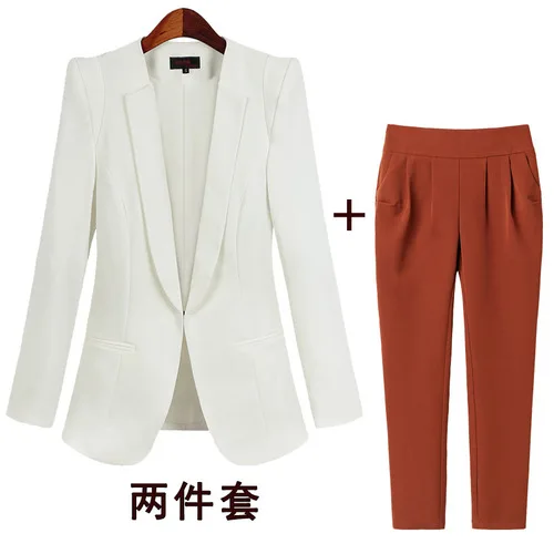 White TopCaramelPant Корейский маленький костюм женский пиджак осень весна длинный рукав скрытый однобортный рабочий Блейзер костюм размера плюс - Цвет: White TopCaramelPant