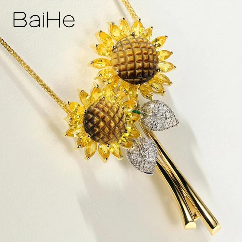 BAIHE Solid 14K White+Yellow Gold Natural Diamonds+Tiger's eye+Tsavorite+Yellow Sapphirs Fine Jewelry Sun flower Pendant брошь |