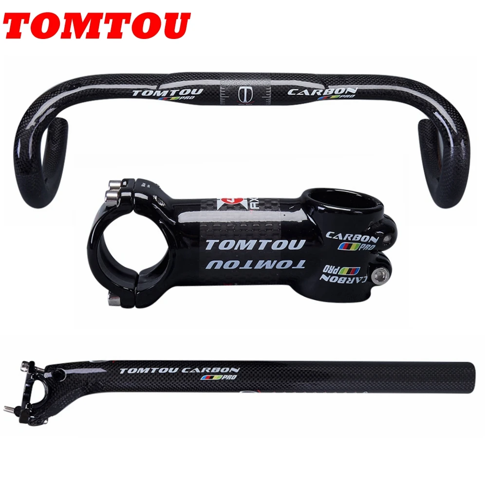 

TOMTOU PRO Carbon Fiber Bike Bent Bar Road Bicycle Handlebar + Seatpost + Stem For Cycling Road Parts 3K Glossy