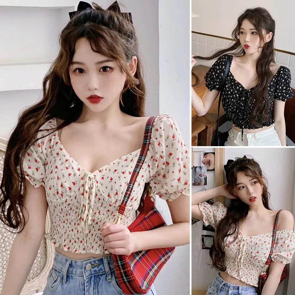 Лидер продаж! Женский шифоновый укороченный топ с пышными рукавами и V образным