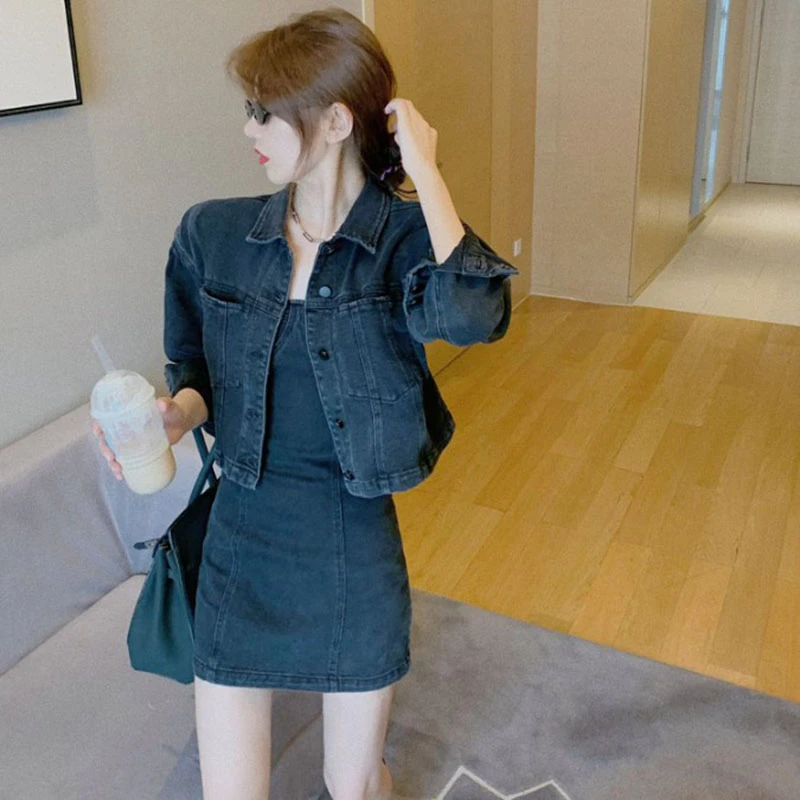 

2021 Autumn New Sexy tight denim suspender dress + long sleeve loose denim short coat two-piece srts fashion suit women TZ548