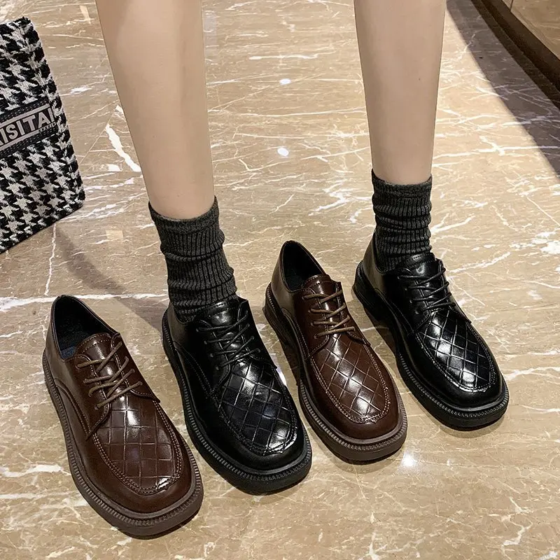 

2021 Leather Shoes British Style Spring Autumn Solid Lace-Up Retro Shoes Women's All-match College Low-heeled Vulcanize Shoes