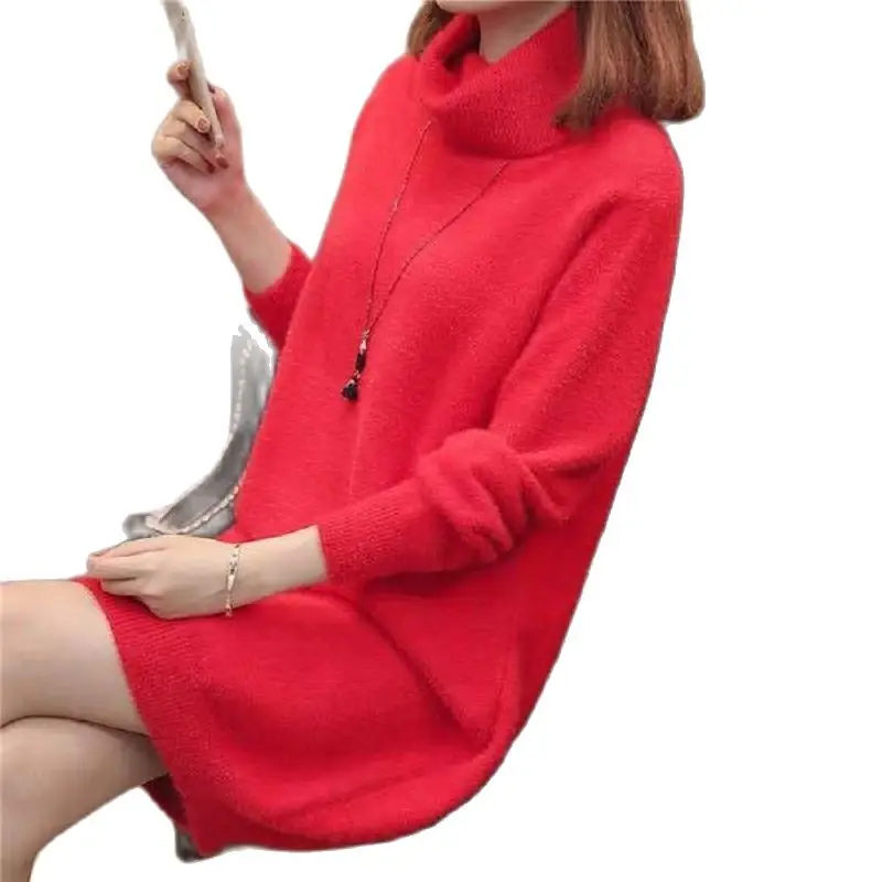 

Женский свитер с высоким воротником, новинка 2021, комплект из водостойкого бархата розового цвета, зимнее длинное вязаное платье с разрезом, ...