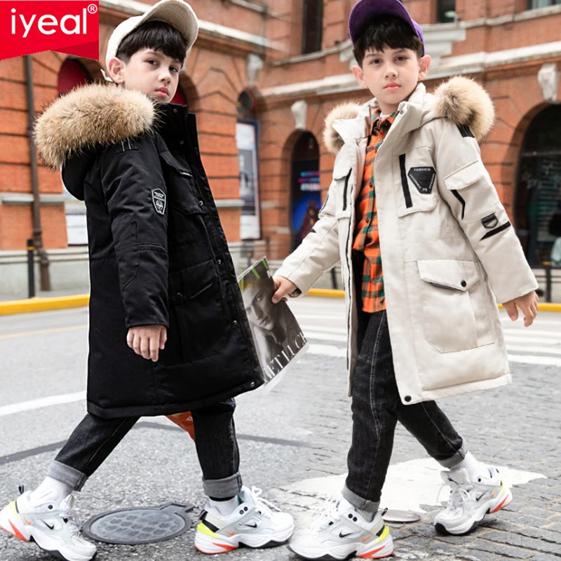 IYEAL детская зимняя куртка для мальчиков Детское пальто парка на белом утином пуху
