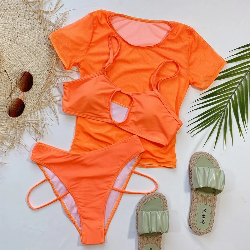 

2021 New Fashion Ladies Solid Color Swimsuit Sexy Tight Split Swimsuit Swimsuit Three-piece Mesh Bikini