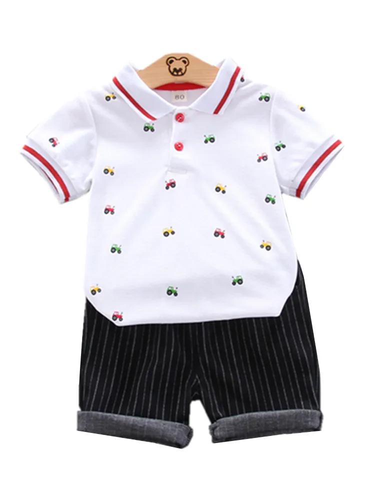 2022 new baby boy clothes boy Sets children print short-sleeved lapel T-shirt + striped shorts kids clothing 2 pieces