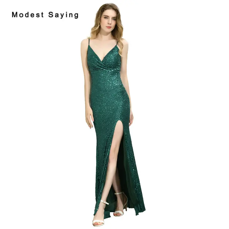 

Sexy Deep Green Mermaid V Neck Pleated Evening Dresses 2020 with Straps Formal Ladies Black Party Prom Gowns robe de soiree